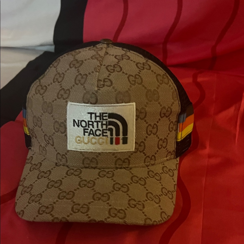 The North Face Gucci Brown Monogram Trucker Hat with Multicolor Stripes